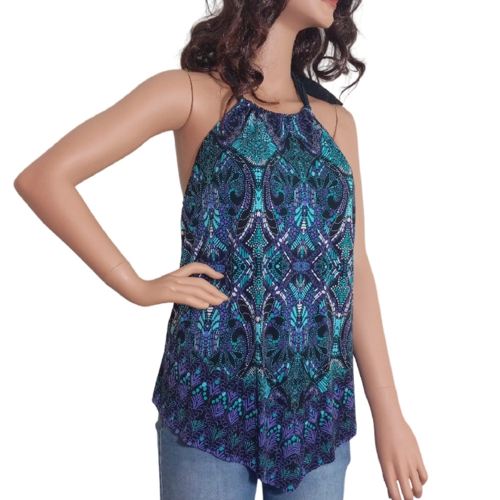 AQUA GREEN Multi Color Striped High Neck Halter Style Tankini Top Size  S